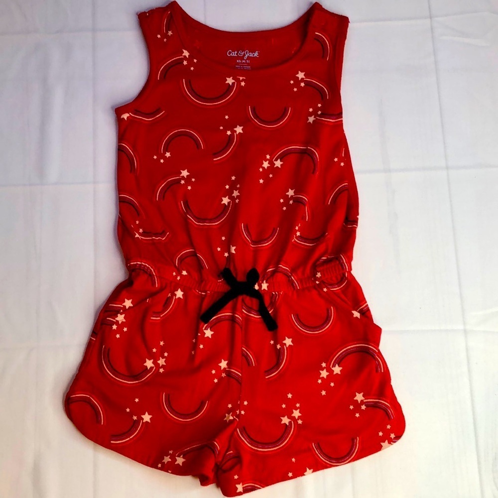 CAT & JACK Red White Blue Stars Rainbows Printed Cotton Poly Romper XS(4/5)